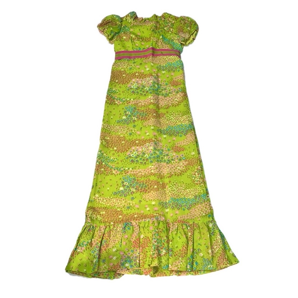 Vintage 1960’s to 1970’s Colorful Green Floral Print Puff Sleeve Maxi Dress - Picture 12 of 12